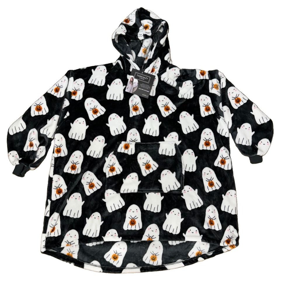 NWT Throwzy Halloween Cute Ghosts Black O/S Jr Marlo Lorenz Hoodie Poncho Lounge